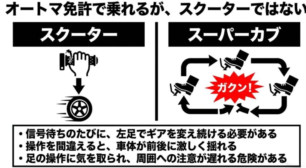 スーパーカブ50はスクーターと違い、信号待ちのたびに左足でギアチェンジが必要なことや、操作ミスによる揺れの危険性を説明するスライド。