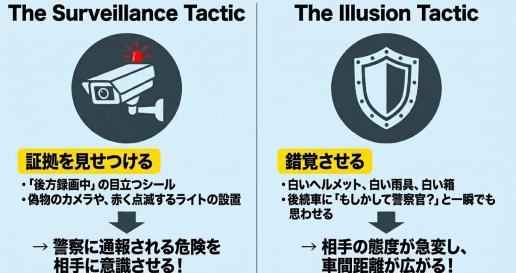 スーパーカブ110の煽り運転防止策。ドライブレコーダーやステッカーで証拠を見せつける方法と、警察官風のシルエットで錯覚させる自衛テクニック。