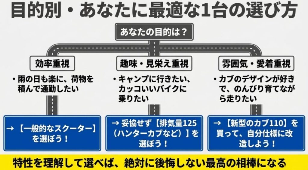 目的別の最適なバイク選びの総括。効率重視ならスクーター、趣味重視なら125cc、愛着重視なら新型カブ110がおすすめ。