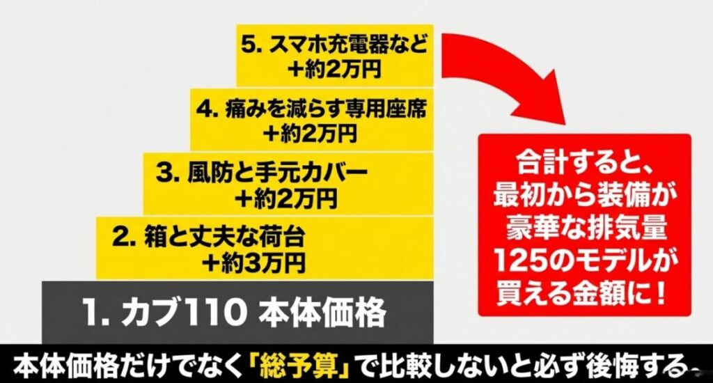 スーパーカブ110の本体価格と必須カスタム費用の内訳。リアボックス、風防、シート、スマホ充電器などを合計すると上位車種が買える金額になる可能性。