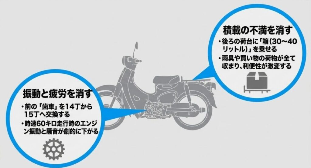 スーパーカブ110の振動を軽減するスプロケット15丁への交換と、積載の不満を解消するリアボックス追加の対策。