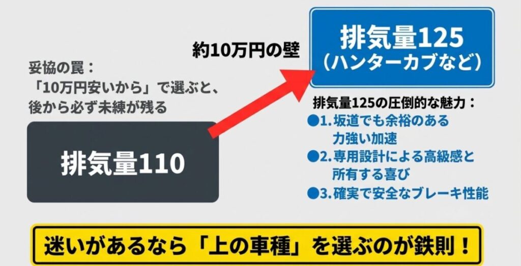 スーパーカブ110とハンターカブなど125cc上位車種の比較。約10万円の価格差で妥協した際の後悔や、125ccの魅力について。