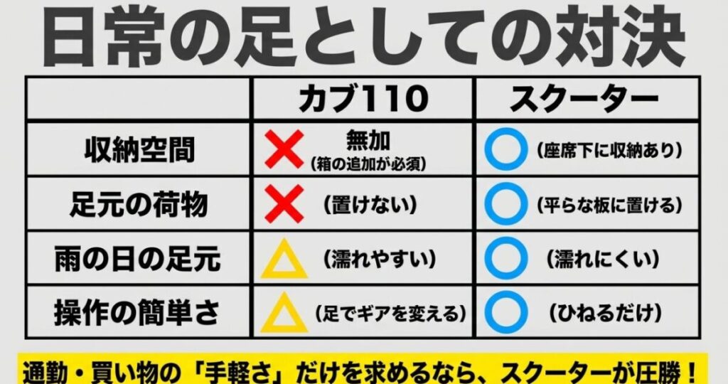 スーパーカブ110とスクーターの日常的な使い勝手を比較。収納空間、足元の荷物、雨の日の耐性、操作の簡単さでの違い。