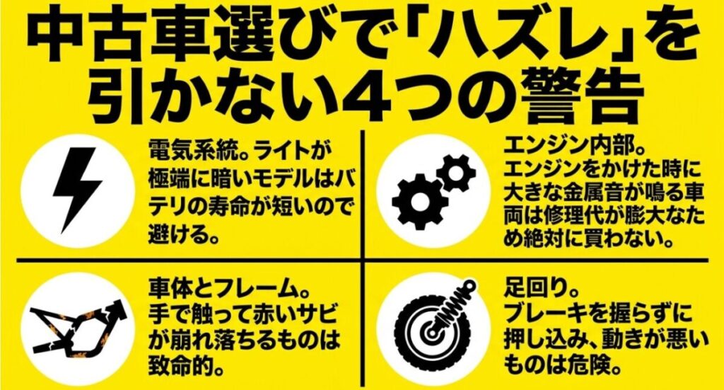 中古スーパーカブ50を選ぶ際の警告として、電気系統の暗さ、フレームの赤サビ、エンジン内部の異音、足回りの動きの悪さを解説するスライド。