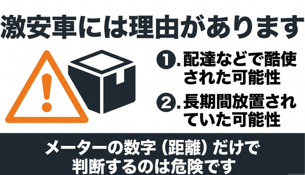 激安の中古スーパーカブには配達などで酷使された車両や長期間放置された車両があり、走行距離だけで判断するのは危険だと示す図