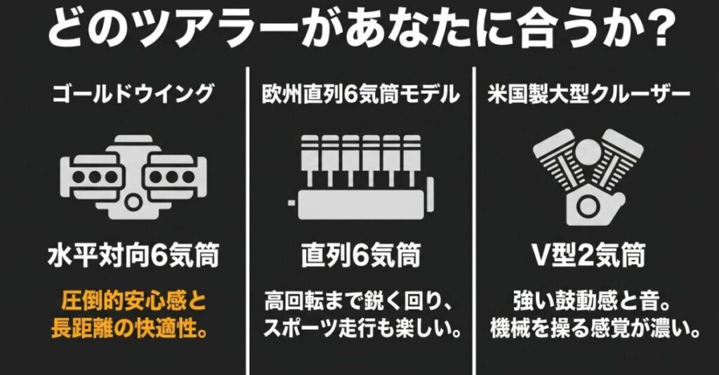 水平対向6気筒のゴールドウイング、直列6気筒のBMW K1600系、V型2気筒のハーレー大型ツアラーを比較した図