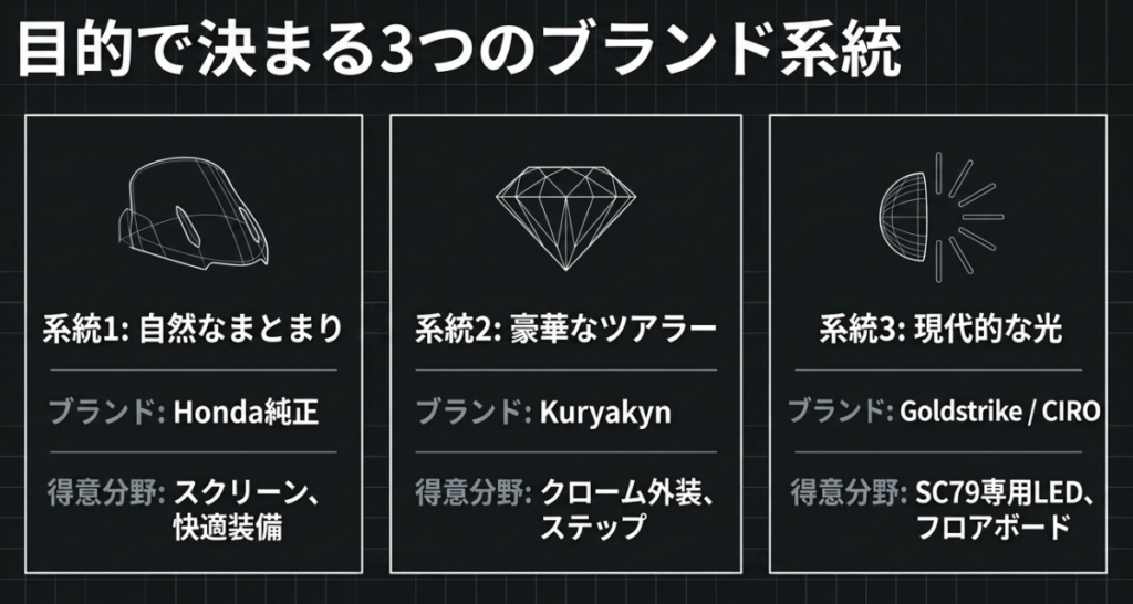 Honda純正、Kuryakyn、Goldstrike・CIROの特徴と得意なゴールドウイング用カスタムパーツを比較した図