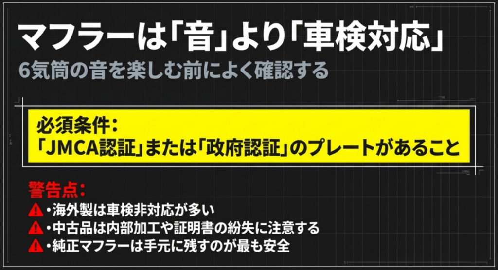 ゴールドウイングのマフラー選びでJMCA認証や政府認証、海外製品、中古品の注意点を示した図