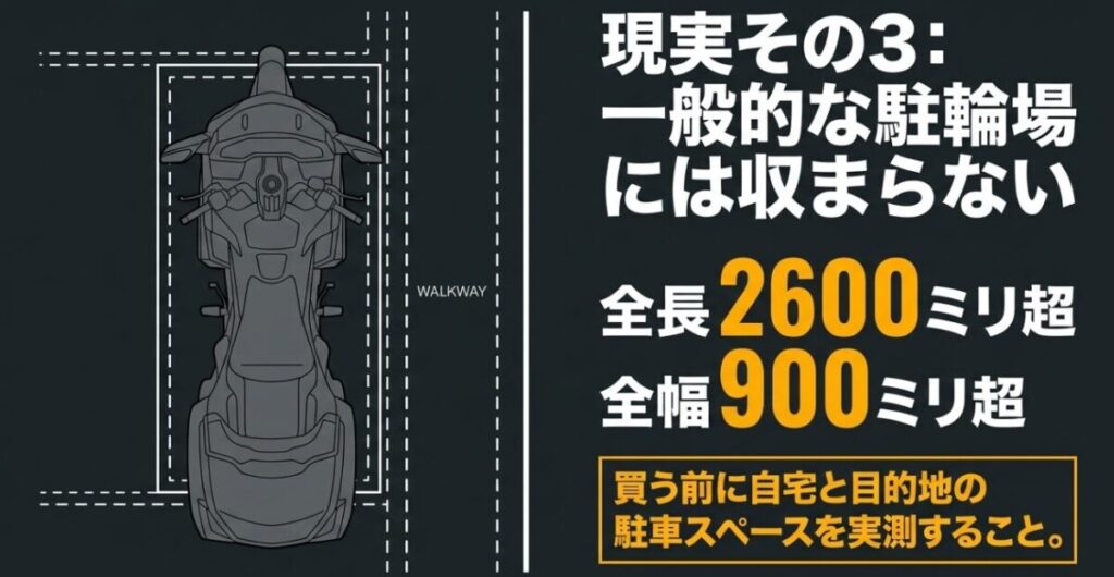 全長2600mm超、全幅900mm超のゴールドウイングと一般的な駐輪区画を上から比較した図