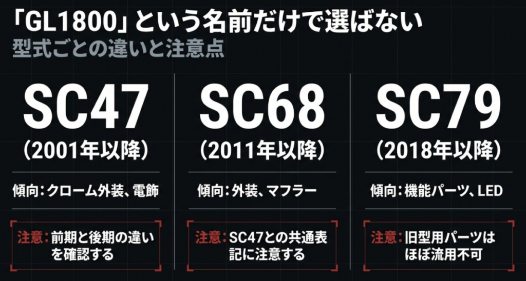 ゴールドウイングSC47・SC68・SC79の年式、カスタム傾向、パーツ流用時の注意点を比較した図