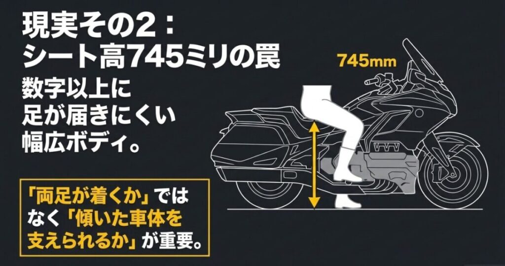 シート高745mmでも幅広い車体により足が届きにくく、傾いた車体を支えられるかが重要と示した図