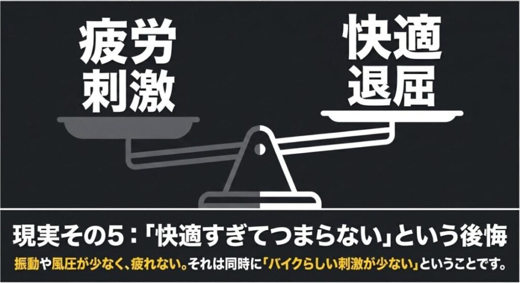 疲労や刺激と快適さや退屈さを天秤で比較し、ゴールドウイングの快適性が物足りなさにつながる場合を示した図