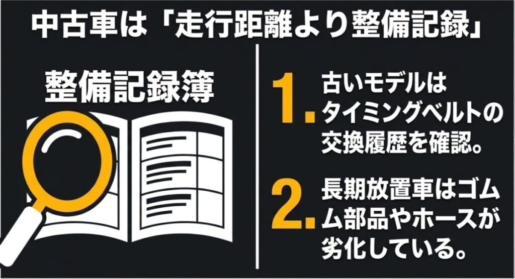 中古ゴールドウイングでは整備記録簿、旧型のタイミングベルト交換履歴、長期放置によるゴム部品やホースの劣化を確認する図