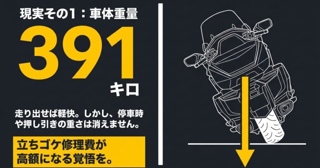 車体重量391kgのゴールドウイングが傾き、停車時や押し引きで車体を支える難しさを示した図
