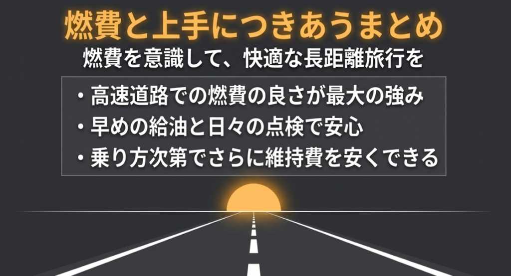 高速道路での好燃費、早めの給油、日常点検、燃費を意識した乗り方というゴールドウイングの要点