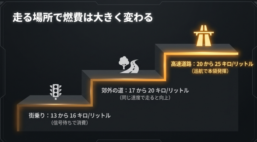ゴールドウイングの実燃費を街乗り13～16km/L、郊外17～20km/L、高速道路20～25km/Lで比較