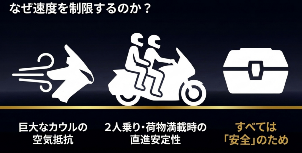 巨大なカウルの空気抵抗や二人乗り、荷物満載時の安定性を考慮して速度を制限する理由