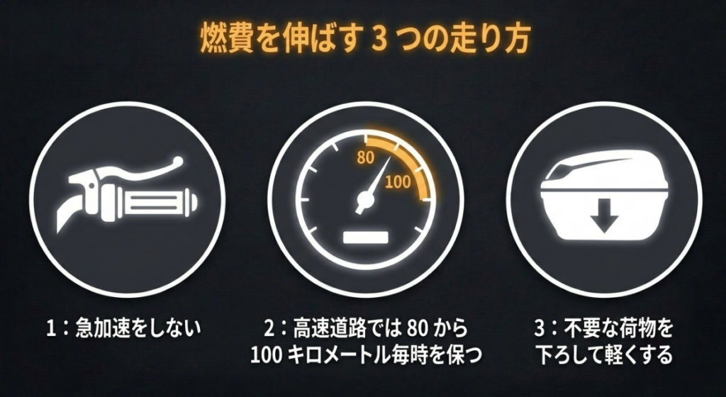 急加速を避ける、高速道路では80～100km/hを保つ、不要な荷物を降ろすという燃費改善の3つのコツ