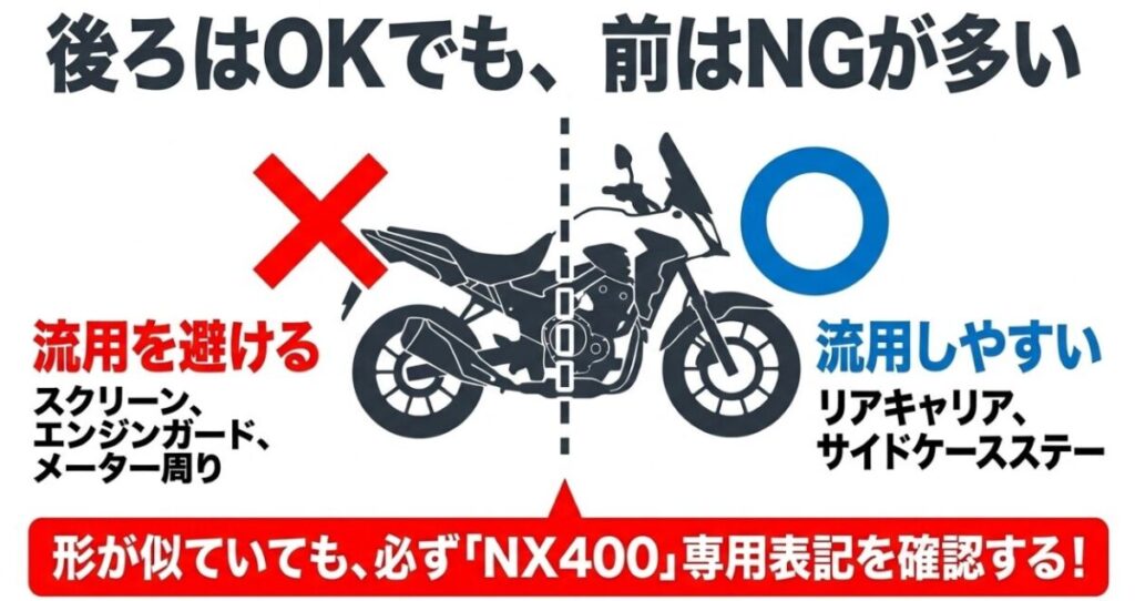400X用パーツをNX400へ流用する際にリア側は使いやすくフロント側は避ける目安