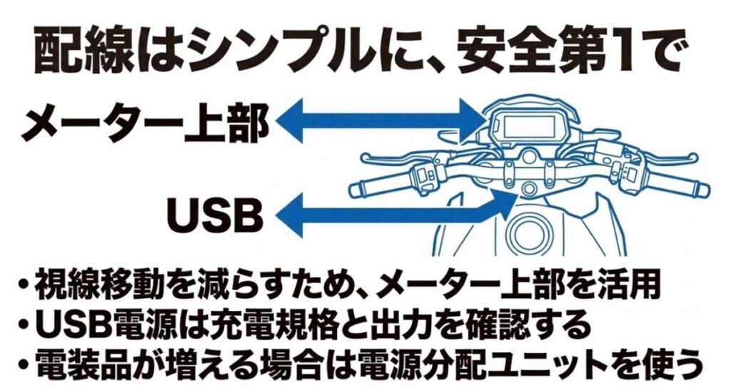 NX400のメーター上部にスマホを配置しUSB電源と電源分配ユニットを使う配線例