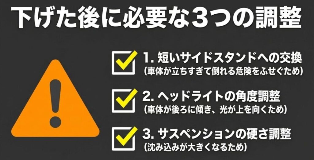 NX400ローダウン後に確認するショートサイドスタンドとヘッドライト光軸とサスペンションの調整