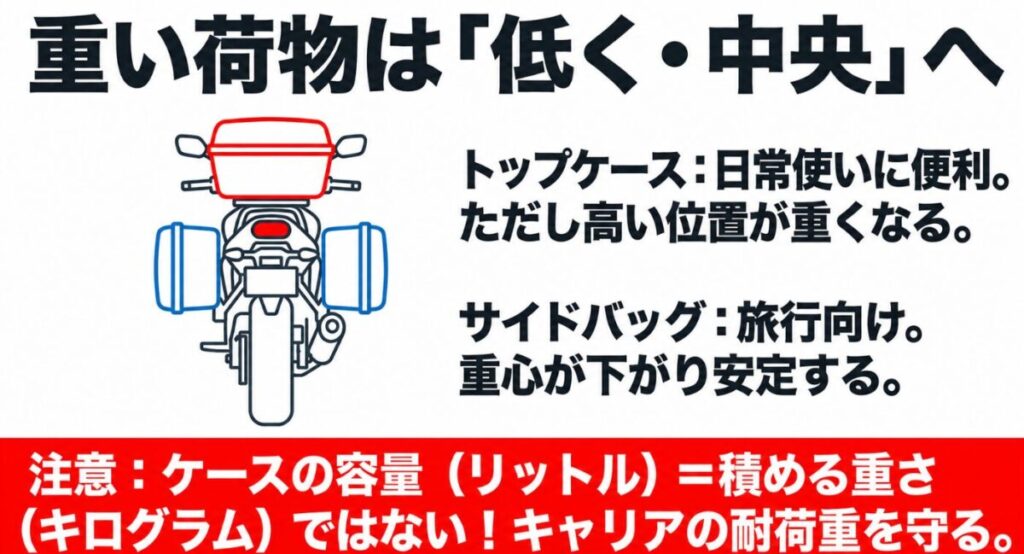 NX400のトップケースとサイドバッグの重量配分を示し重い荷物を低く中央に積む考え方