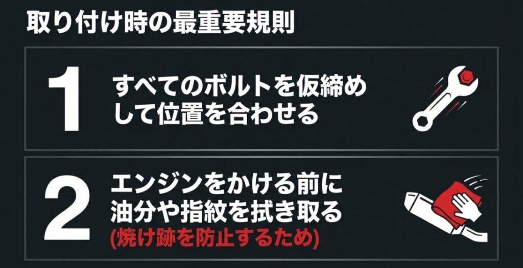 NX400マフラー取り付けでは全ボルトを仮締めして位置を合わせ、始動前に油分や指紋を拭き取ることを示したスライド