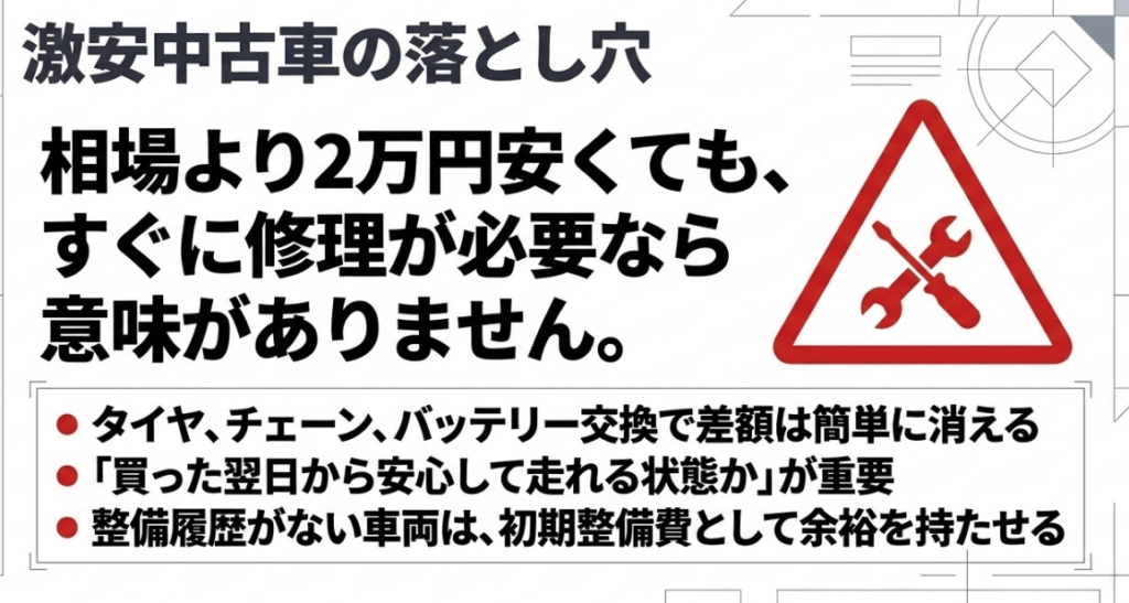 相場より2万円安くてもタイヤやチェーン、バッテリーの交換で差額が消えるため、整備履歴と初期整備費が重要だと示す図
