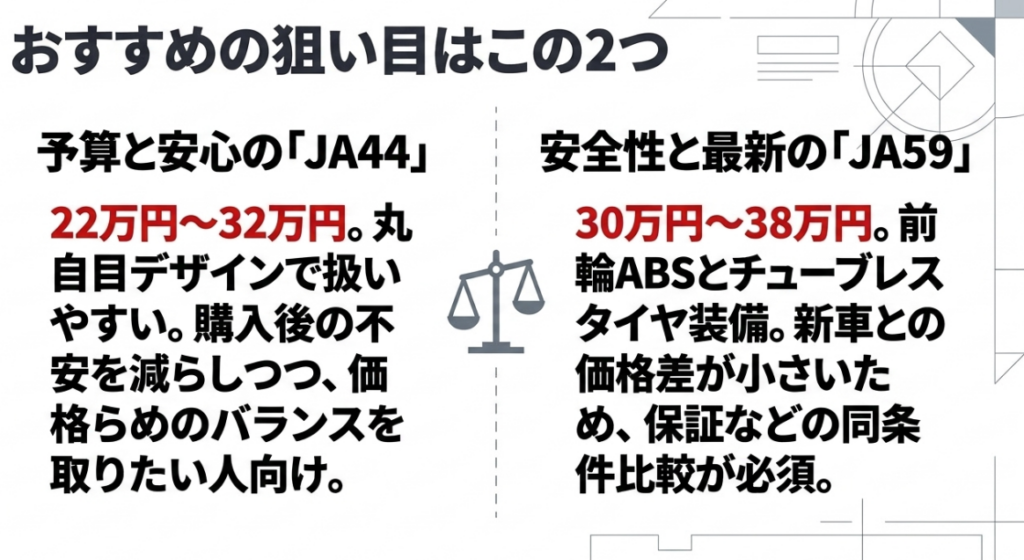 予算と扱いやすさを重視するJA44と、安全装備や新しさを重視するJA59の価格帯と特徴を比較した図
