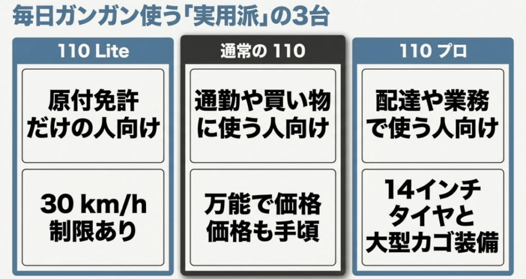 110 Liteは原付免許向け、通常の110は通勤や買い物向け、110プロは配達や業務向けと示した実用モデル3車比較