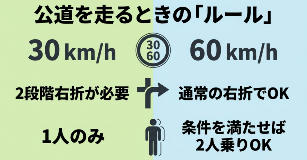 110 Liteは法定最高速度30km/hで二段階右折と1人乗り、通常の110は60km/hで通常右折と条件付き二人乗りが可能と示した比較
