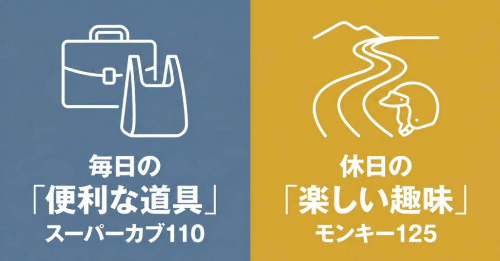 毎日の便利な道具に向くスーパーカブ110と休日の楽しい趣味に向くモンキー125の用途比較