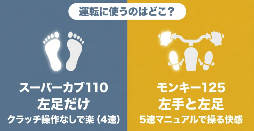 左足だけで4速を変速するスーパーカブ110と左手と左足で5速を操作するモンキー125の違い