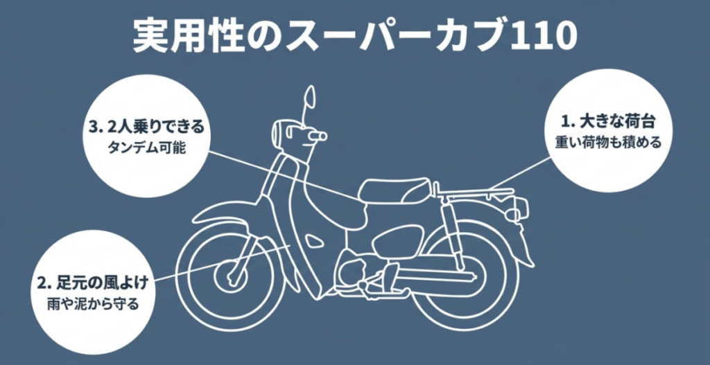 大きなリアキャリア、足元を守るレッグシールド、2人乗り対応というスーパーカブ110の実用面の特徴