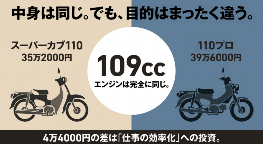 同じ109ccエンジンを搭載するスーパーカブ110の35万2,000円と110プロの39万6,000円を比較した図