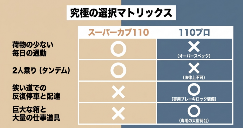 荷物の少ない通勤、二人乗り、狭い道での配達、大型積載の用途別にスーパーカブ110と110プロを比較した表