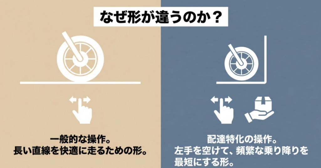 スーパーカブ110の17インチ車輪と一般的な操作、110プロの14インチ車輪と配達向け操作を左右で比較した図