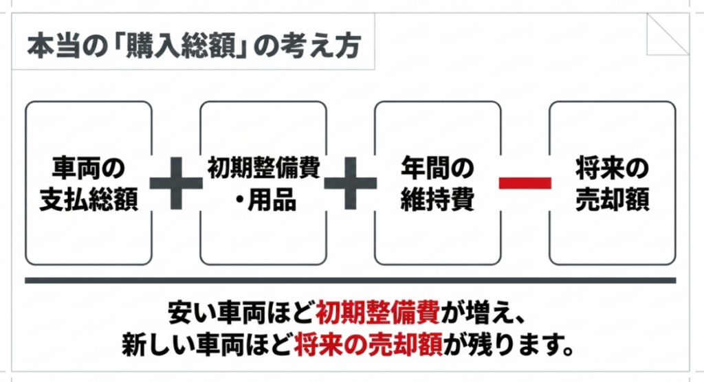 車両の支払総額に初期整備費、用品代、年間維持費を足し、将来の売却額を引いて購入総額を考える方法