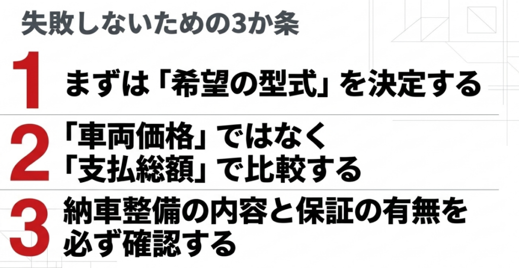 希望型式を決め、車両価格ではなく支払総額で比較し、納車整備の内容と保証の有無を確認する3つの要点