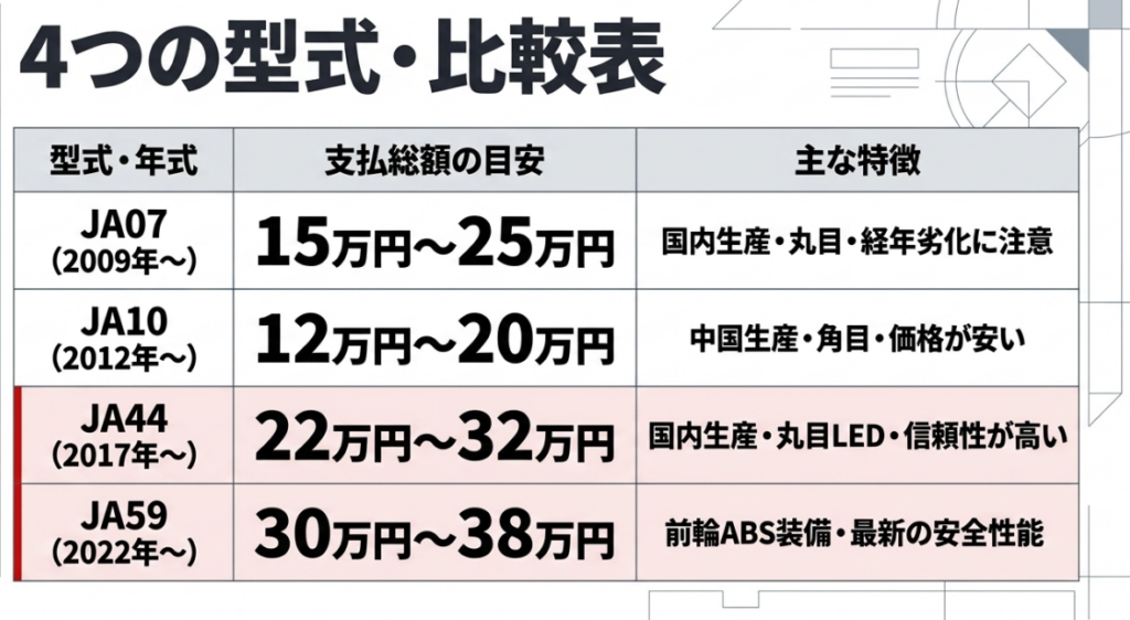 JA07・JA10・JA44・JA59の支払総額と生産国、デザイン、安全装備などの特徴を比較したスーパーカブ110中古相場表