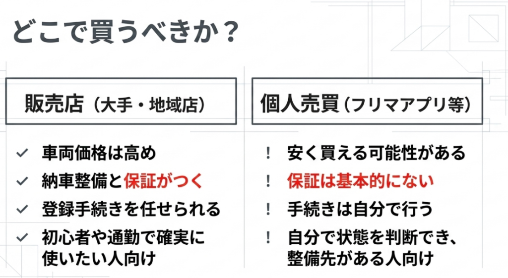 納車整備や保証が付く販売店と、安く買える可能性がある一方で保証や手続きを自己管理する個人売買を比較した図