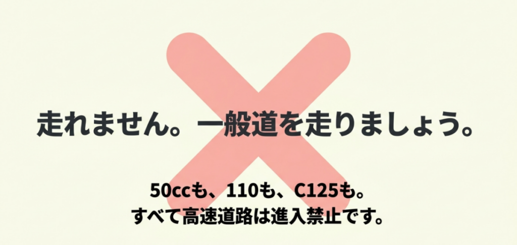大きなバツ印とともにスーパーカブ50・110・C125はすべて高速道路へ進入できないことを示した図