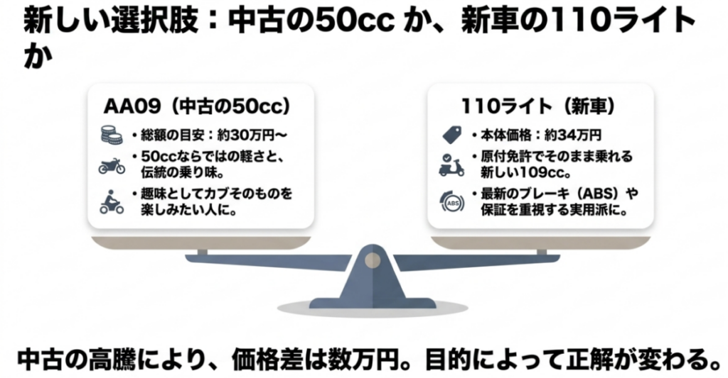 AA09中古のスーパーカブ50と新車のスーパーカブ110 Liteを価格・乗り味・ABS・保証で比較した図