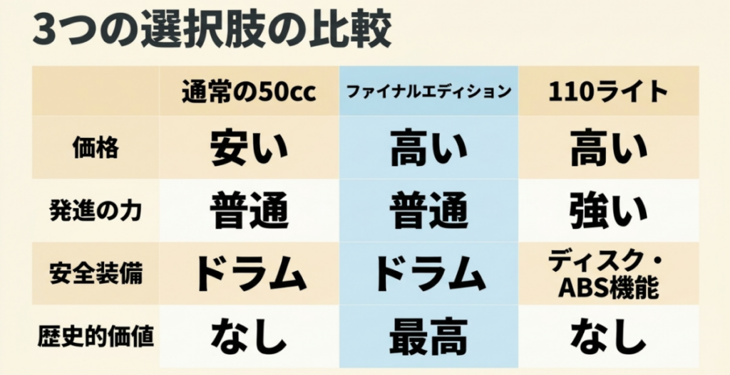 価格、発進力、安全装備、歴史的価値でスーパーカブ通常50、ファイナルエディション、110 Liteを比較した表