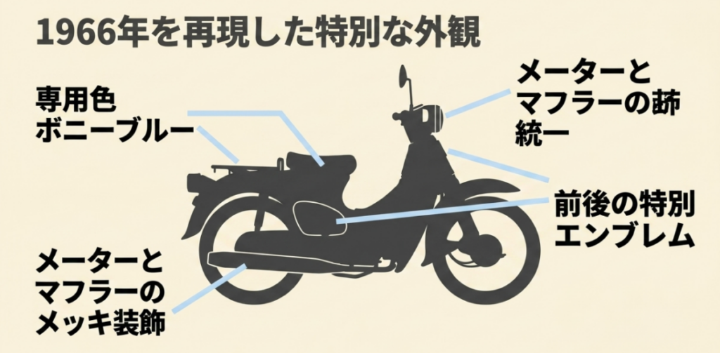 スーパーカブ50ファイナルエディションのボニーブルー、メッキ部品、前後の専用エンブレムを示したスライド
