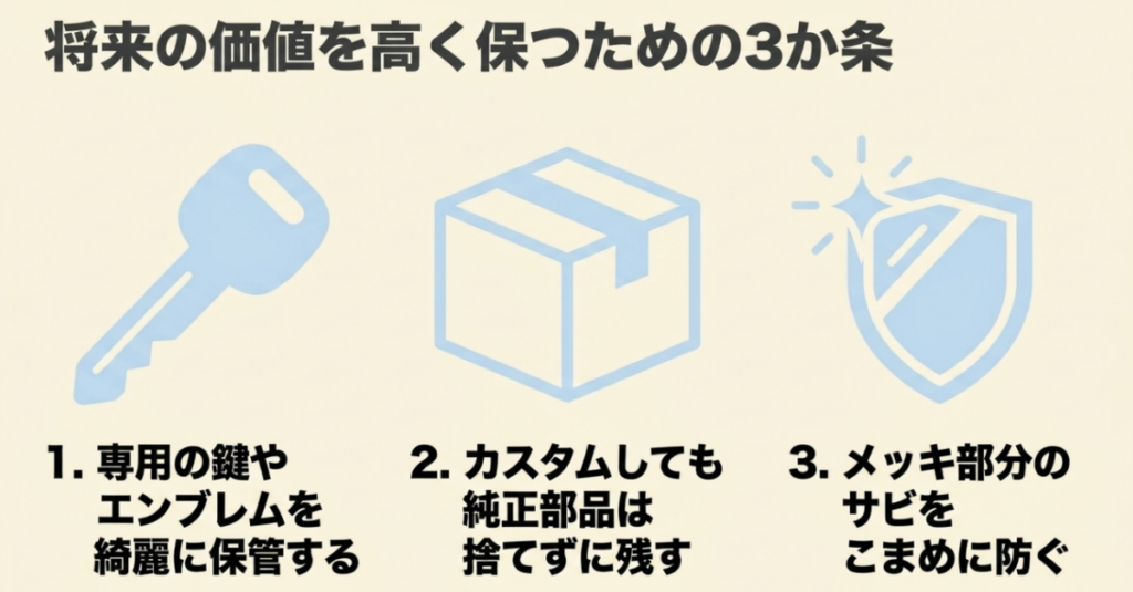 専用キーとエンブレムの保管、純正部品の保存、メッキ部分の防錆で車両の価値を保ちやすくする3つの方法