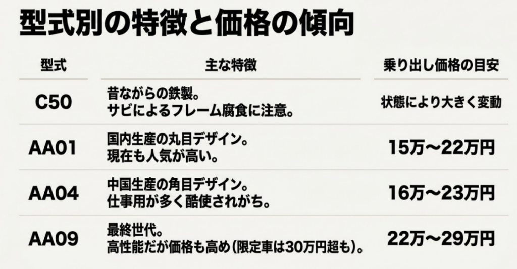 スーパーカブ50のC50・AA01・AA04・AA09について特徴と乗り出し価格の目安を比較した表