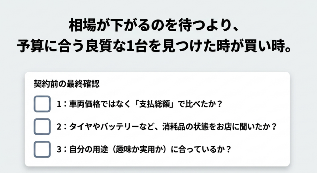 趣味性を重視するなら状態の良い中古50、安心を重視するなら保証付き中古車や110 Liteを選ぶ判断フロー