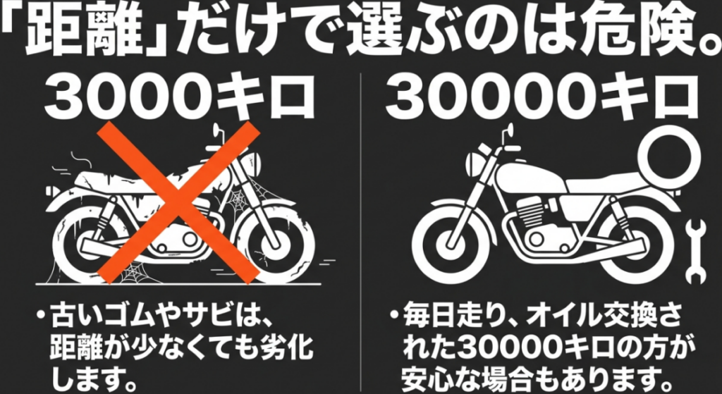 放置された3,000kmの車両と整備された30,000kmの車両を比較し、走行距離だけで中古車を選ぶ危険性を示した図