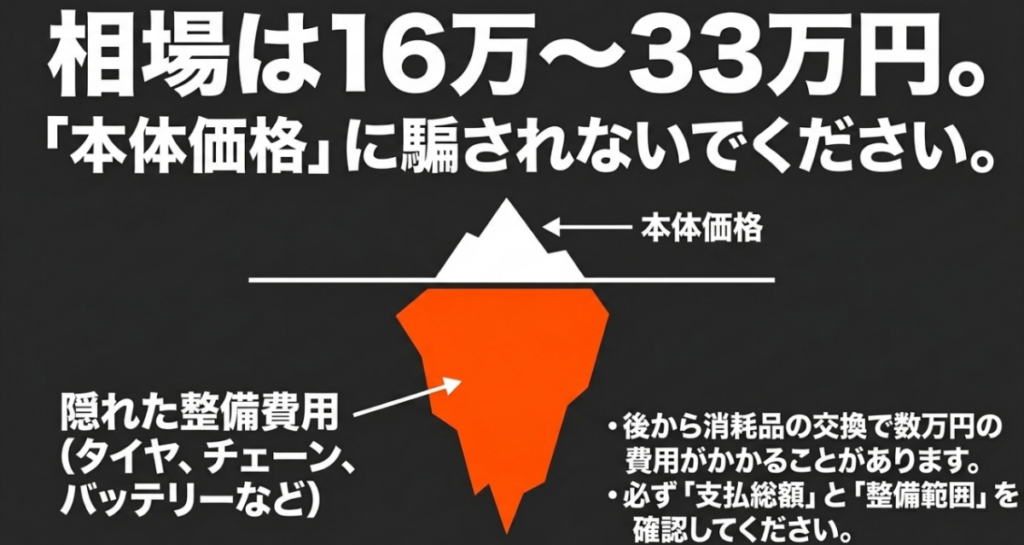 スーパーカブ90の中古相場16万~33万円と、タイヤやチェーン、バッテリーなどの整備費用を含む乗り出し総額の考え方
